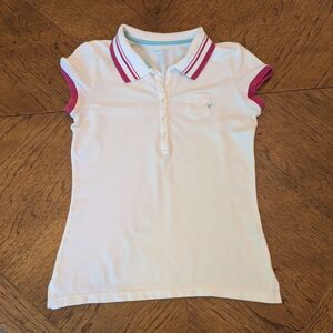 Vintage Y2K American Eagle Pink Striped Collar White Polo Size S